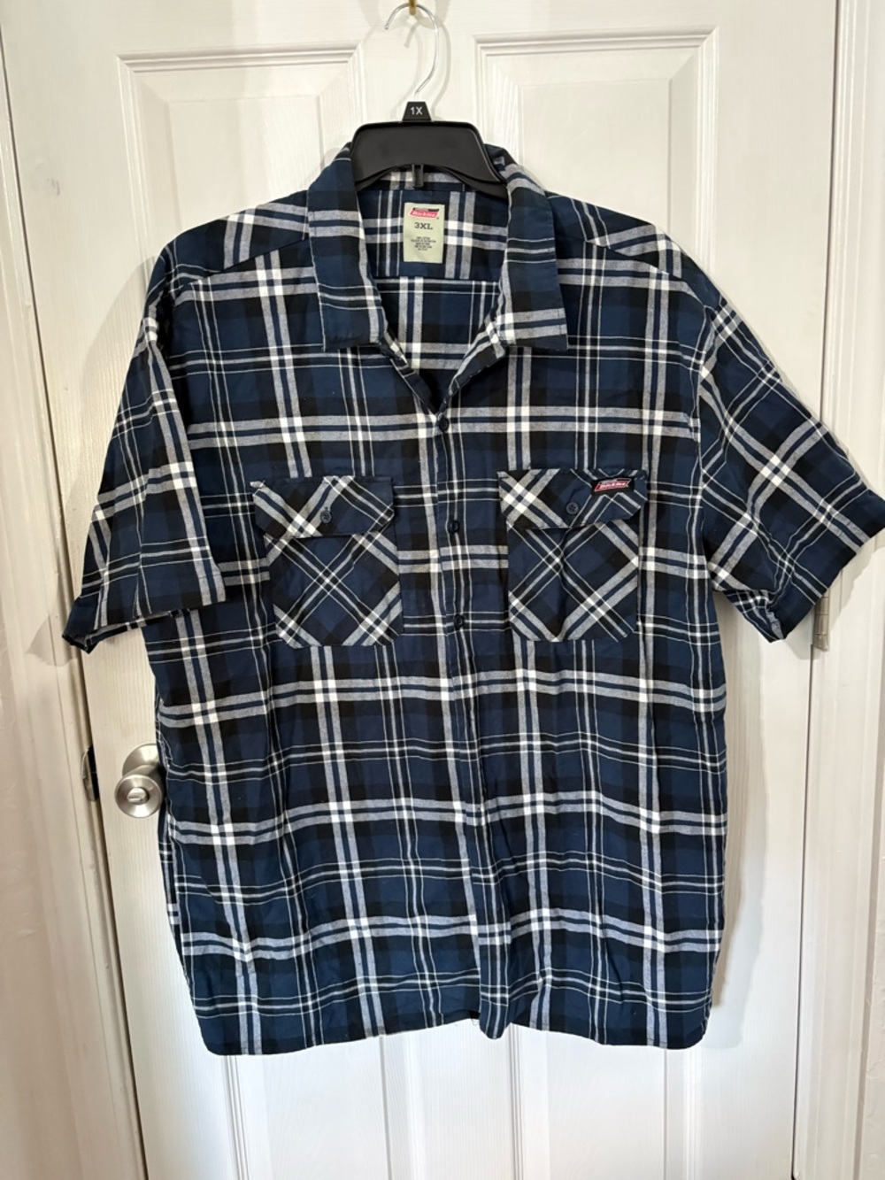Dickies Navy and White Short-Sleeve Plaid Button-Down Shirt